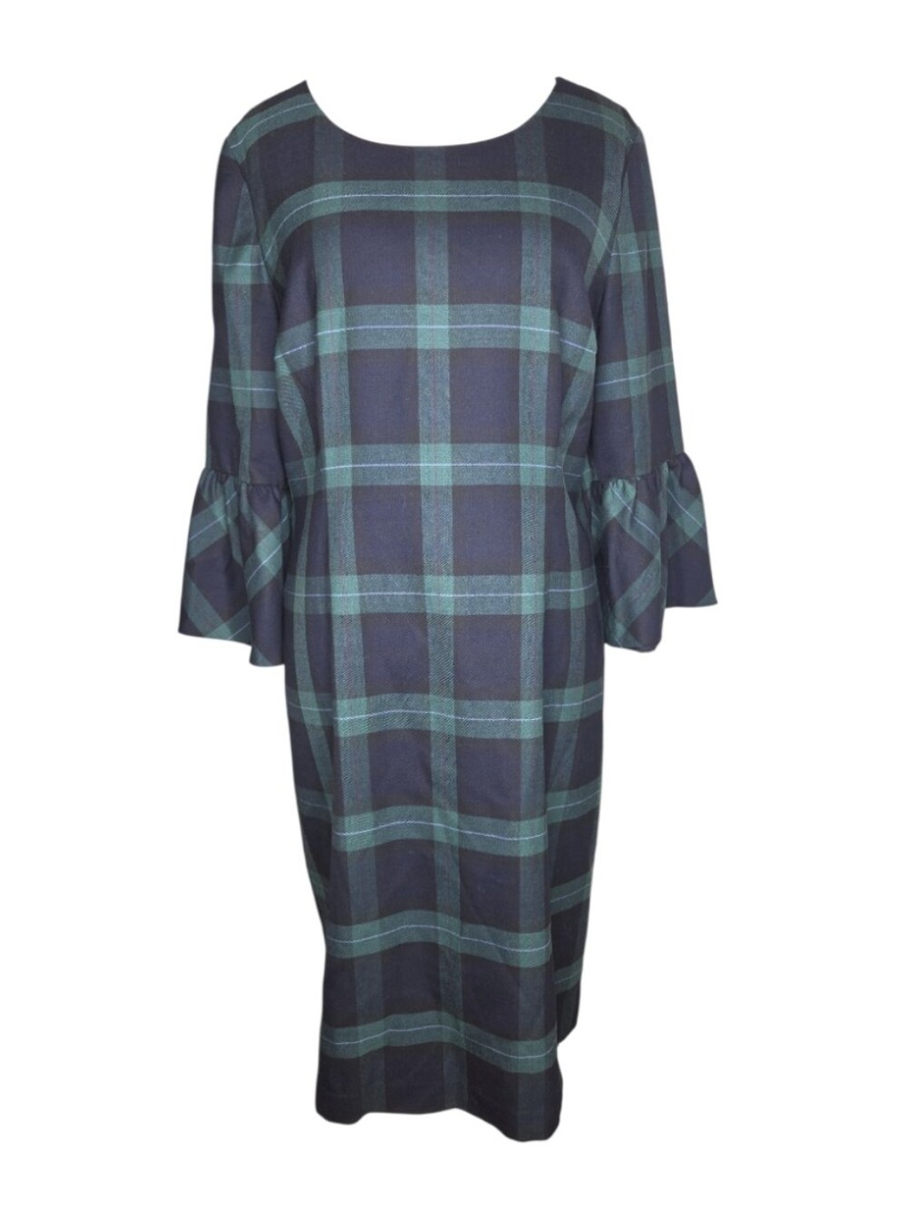 Talbots Black Watch Plaid Wool Blend Lined Shift Dress Bell Sleeve Size 14